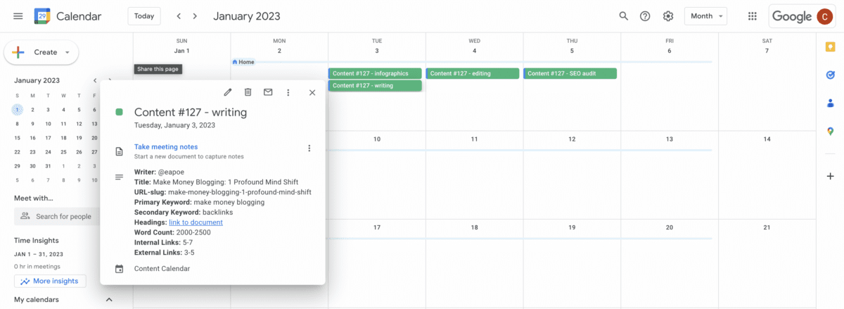 An example content calendar made with Google Calendar!